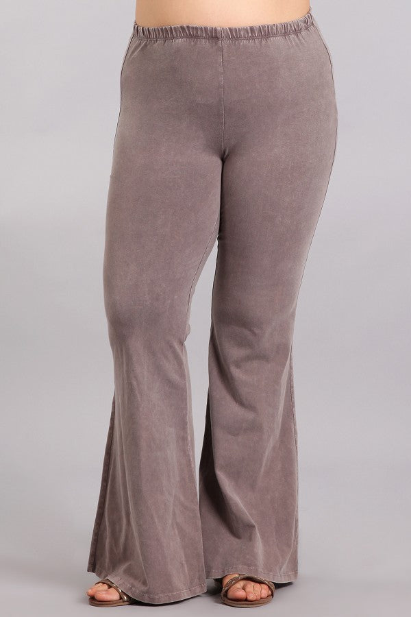 Mineral Washed Bell Bottom Pants with Elastic Waist-Plus Size