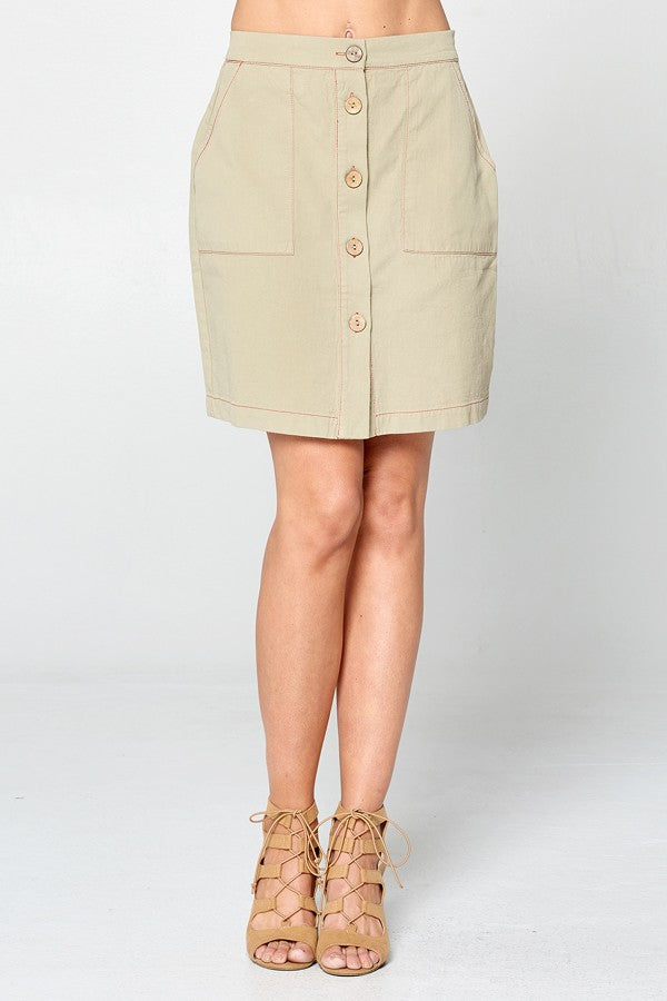 Button Front Mini Skirt w/Front Pocket