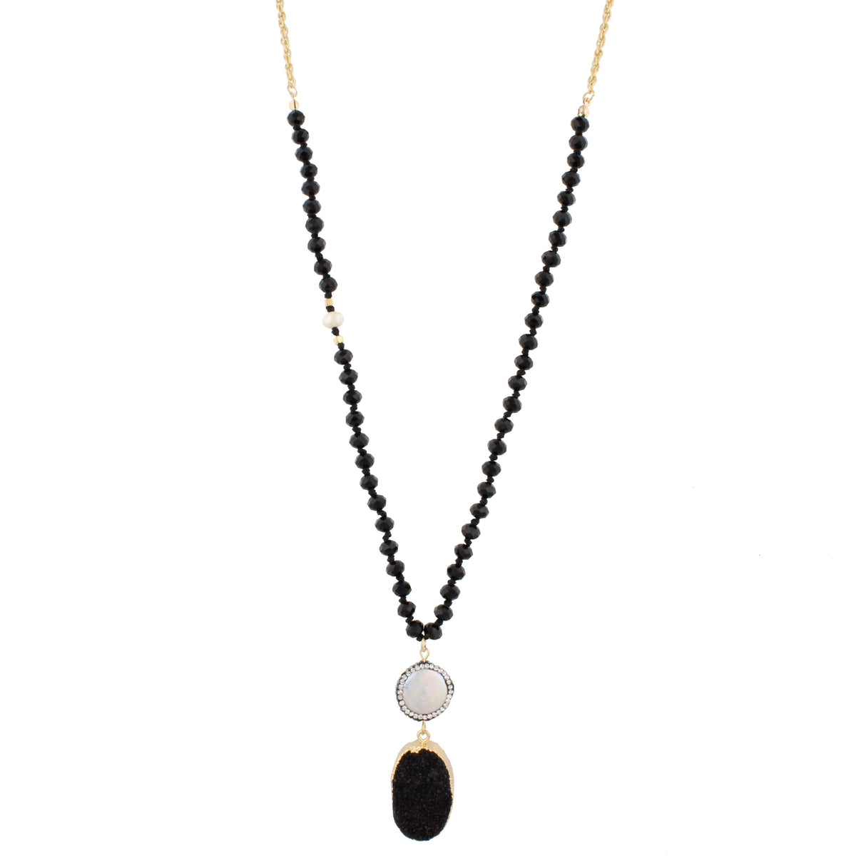 32" Jet Beads and Gold Chain Necklace with Jet Druzy, - Debs Boutique  LLC