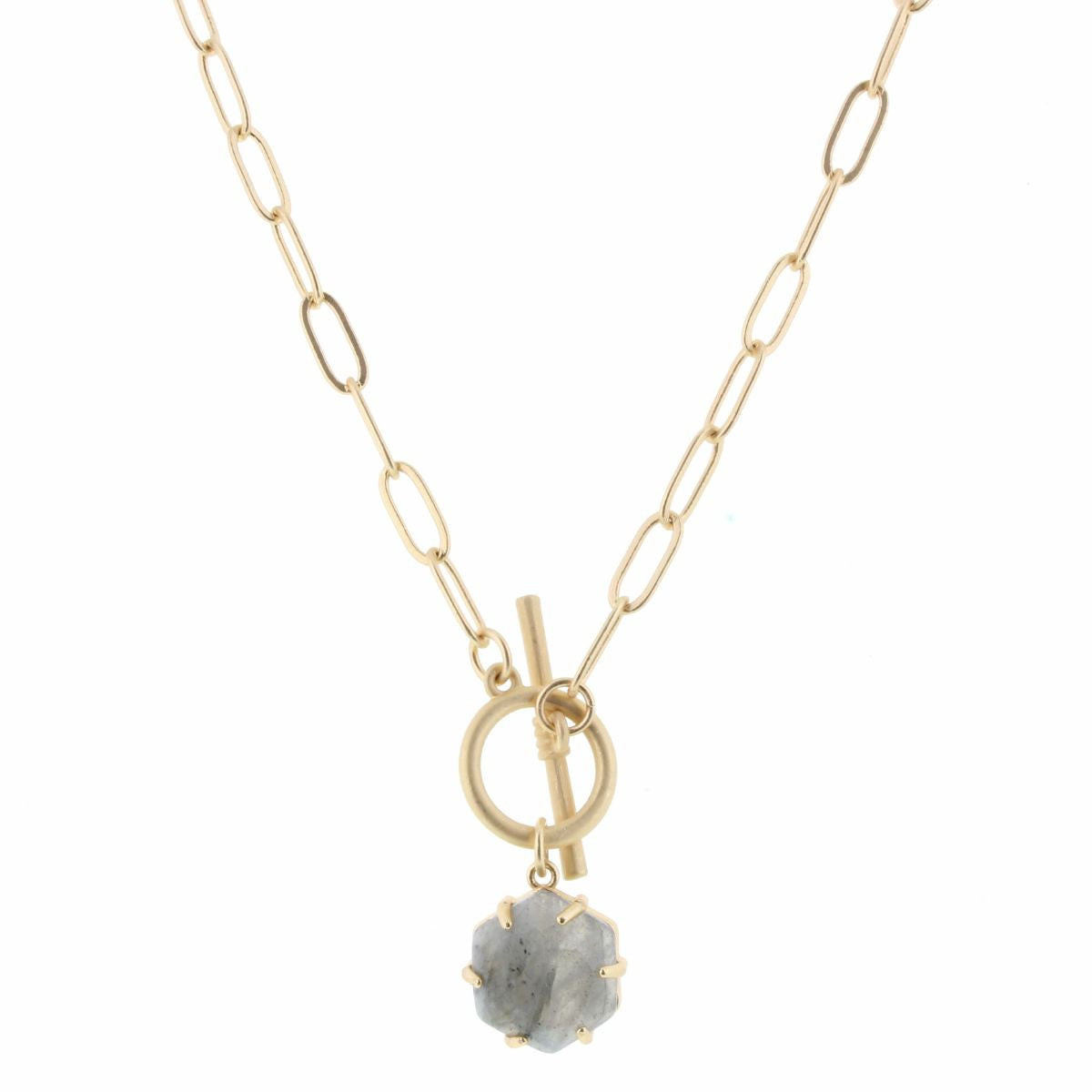 16" Gold Chain with Grey Stone Hexagon & Toggle Necklace