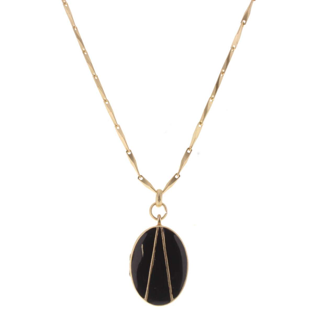 32" Black Oval Epoxy Locket with Gold Line Detailing Necklace, 3" Ext.