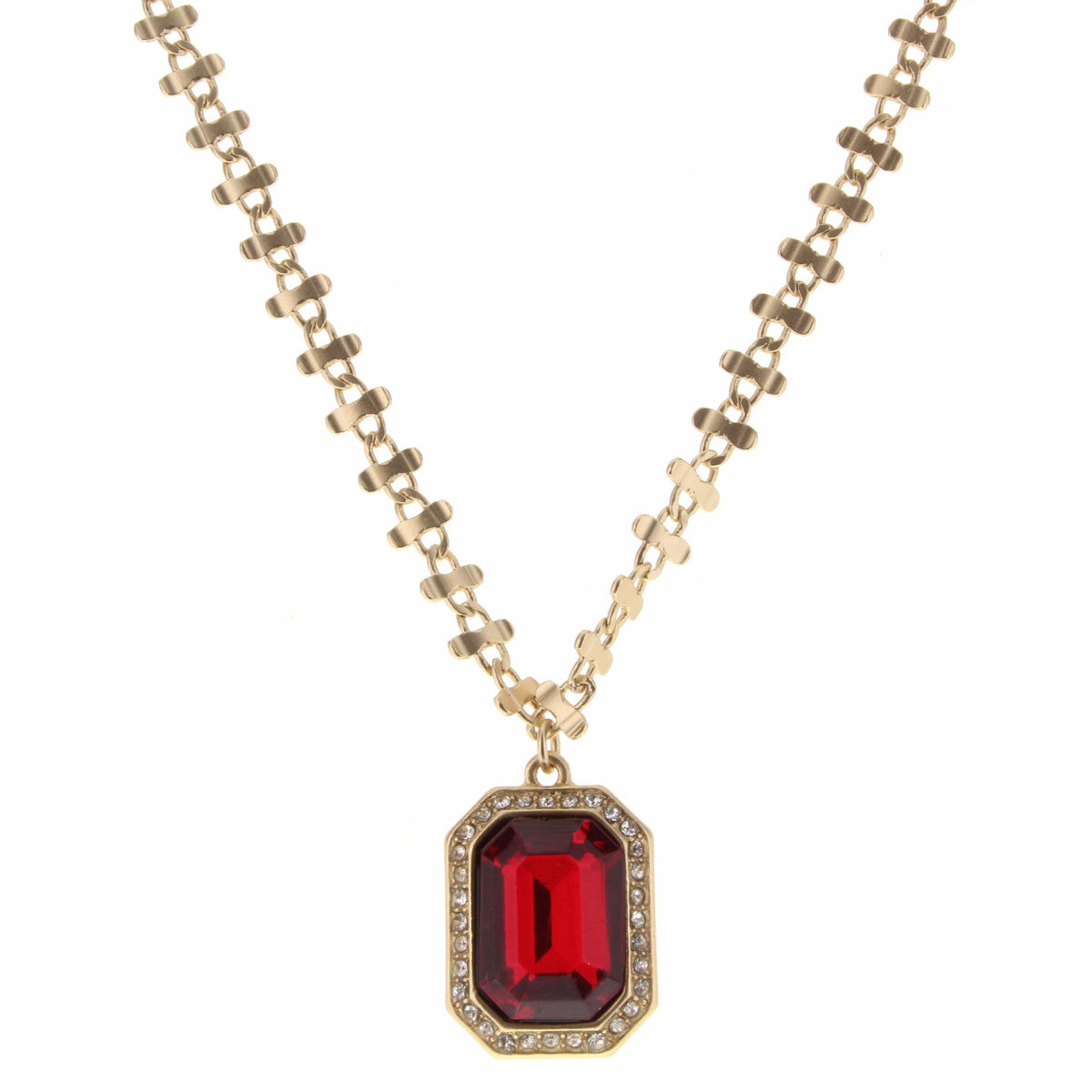 14" Ruby Rectangle Surrounded by Clear Crystals Necklace, 3" Ext.