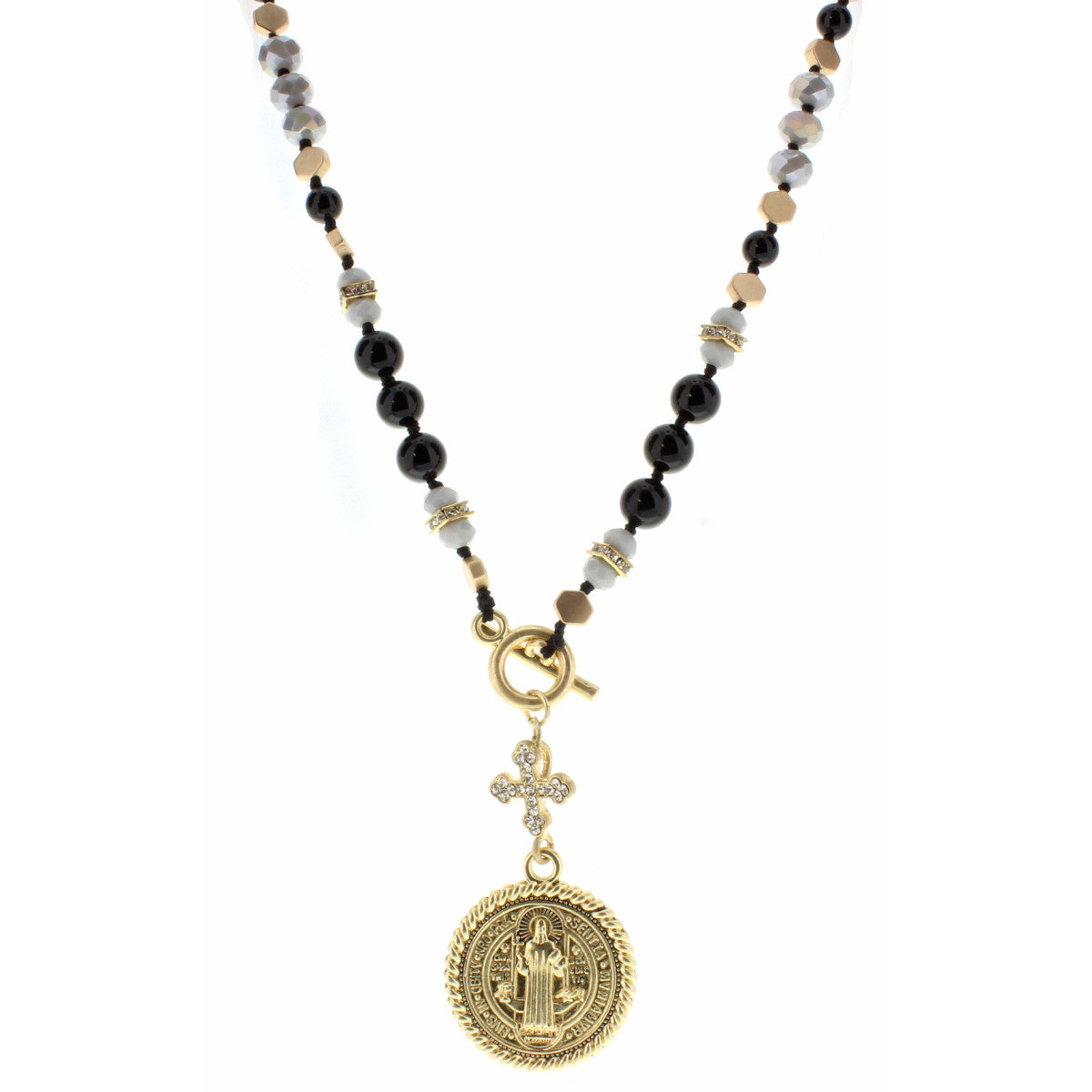 30" Jet, Grey, and Gold Beaded with Rhinestone Cross and Medallion Necklace