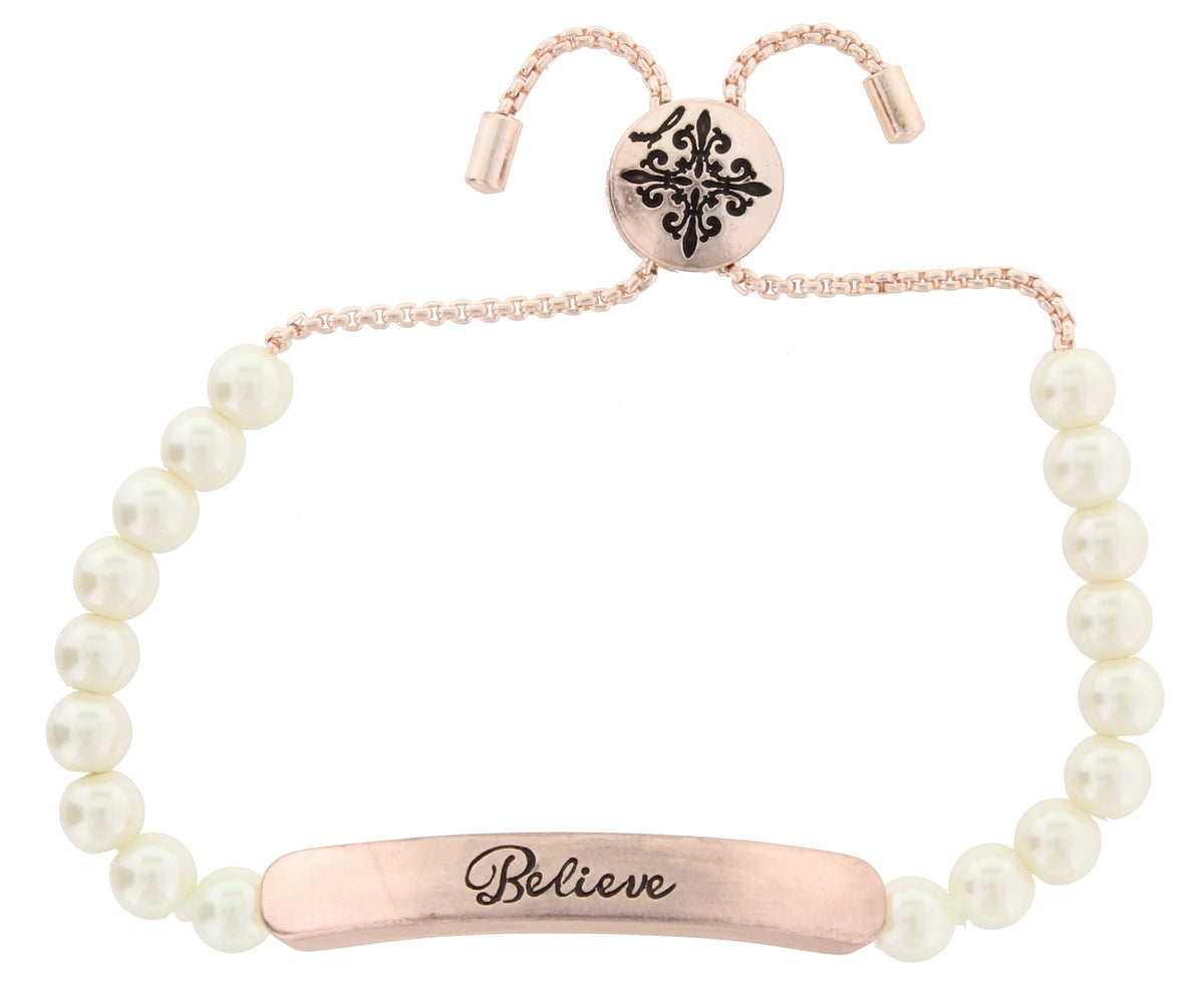 White Pearl and Rose Gold Chain Adj. Bracelet with Rose Gold "Believe" Bar - Debs Boutique  LLC