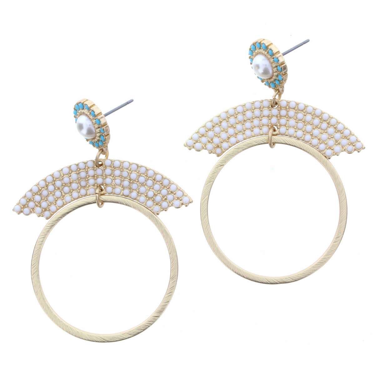 Light Blue Crystals with Center Pearl, White Crystal Curve with Gold Hoop Earring