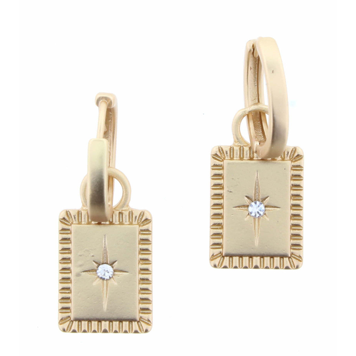 Small Gold Hoop Huggie with Rectangle Center Crystal Star Earring