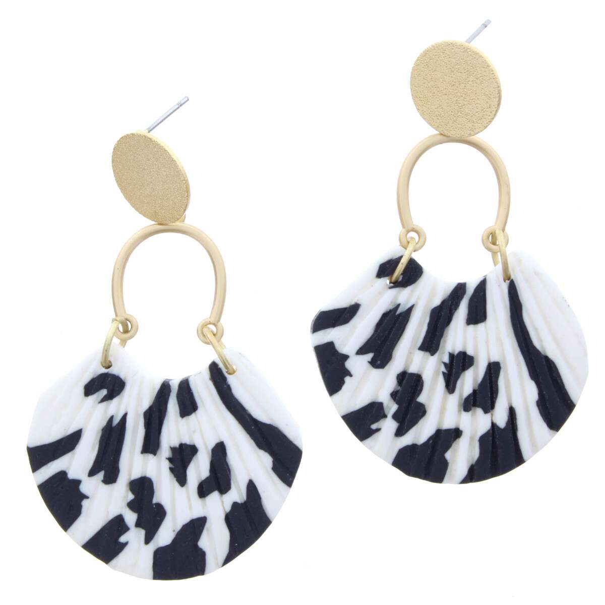 Gold Circle, Gold Arch with Polymer White & Black Fan Earring