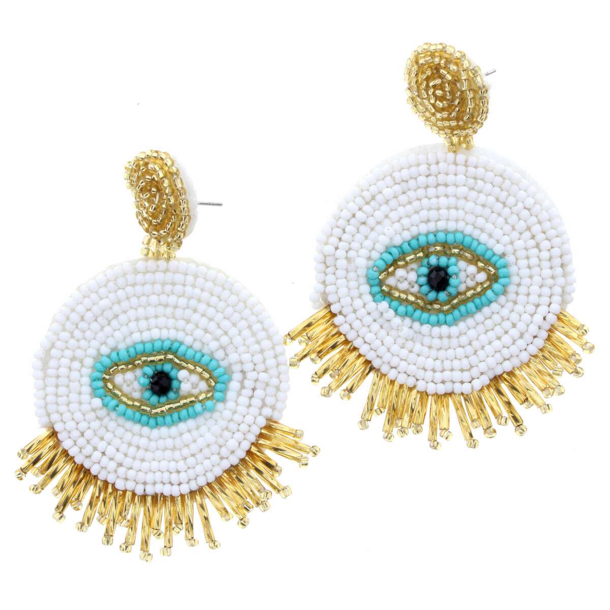 Gold Beaded Post with White, Gold, Turquoise Eye with Gold Fringe Earring