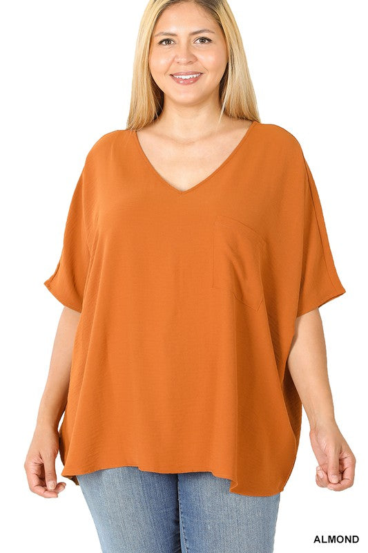 Plus Size V Neck Woven Airflow Dolman Short Sleeve Blouse Top with Front  Pocket and Relaxed Fit