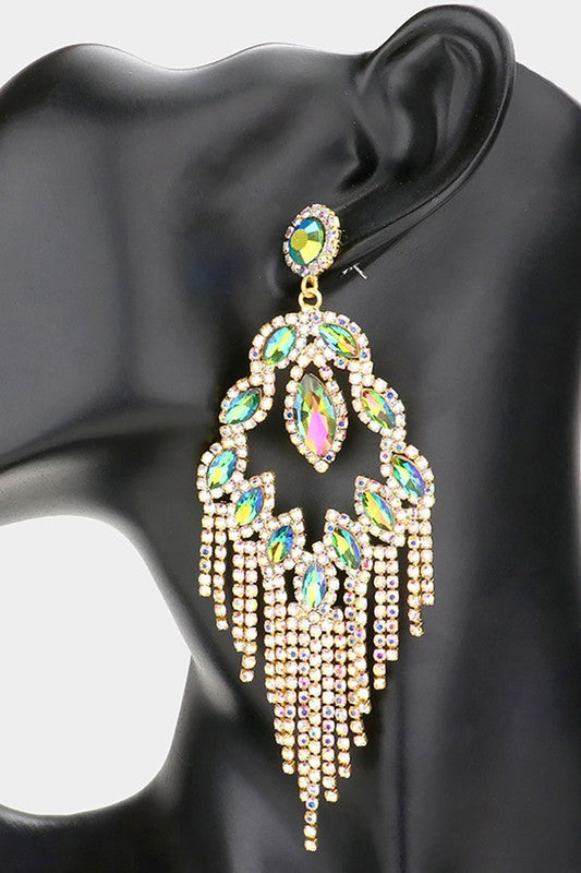 Marquise Stone Rhinestone Fringe Evening Earrings