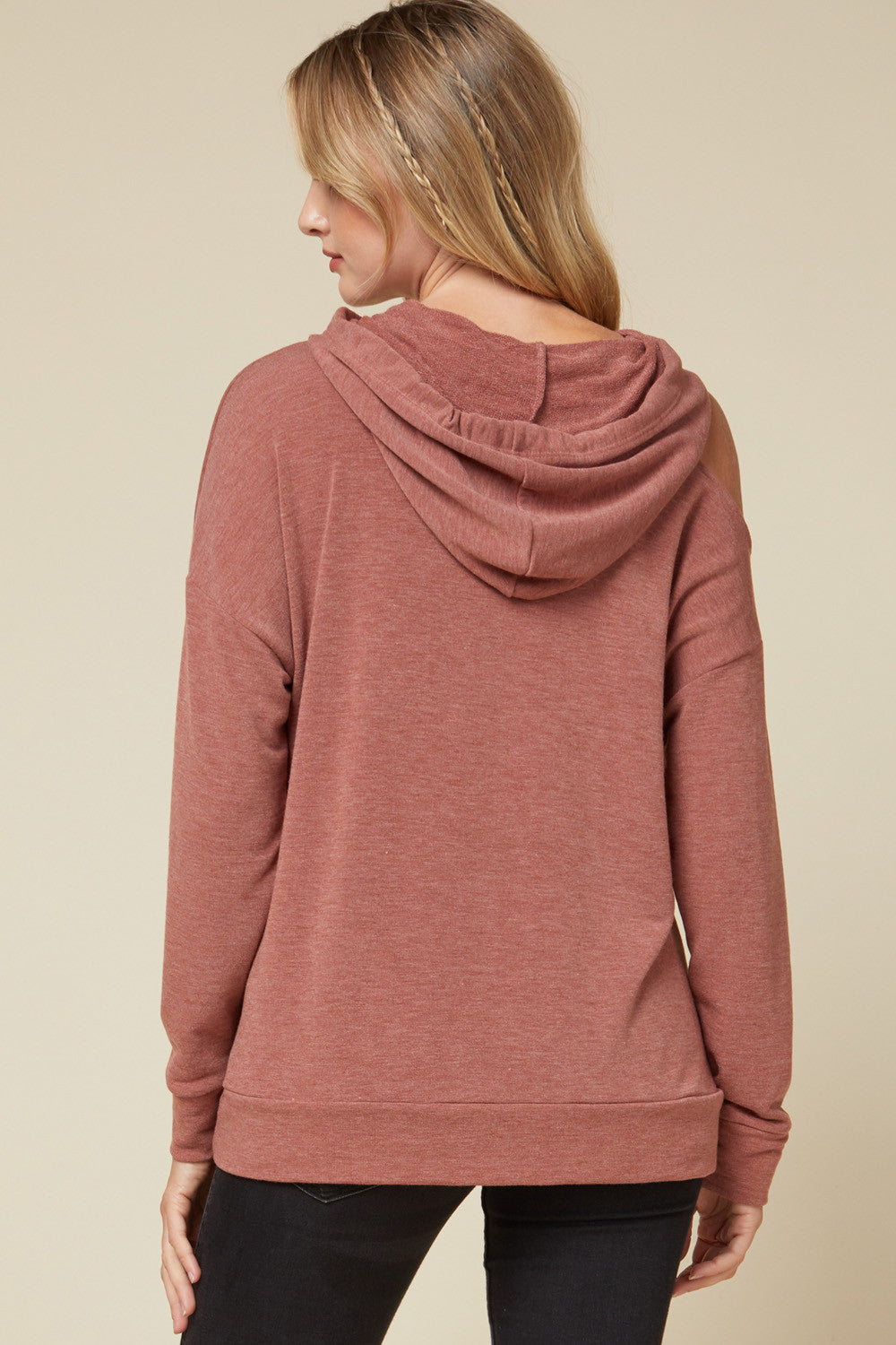 Solid Fleece Hooded Pullover Sweater w/Cold Shoulder Detail