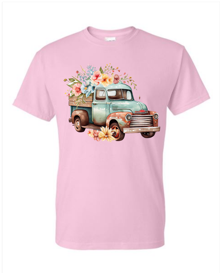 Green Truck and Flowers Graphic Tee