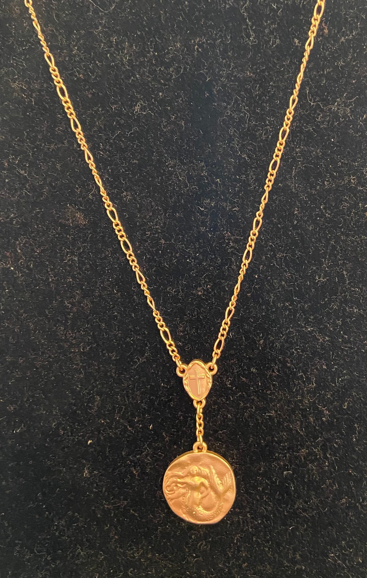 Lariat de cadena de oro de 16", collar con colgante de sirena/cruz de oro 