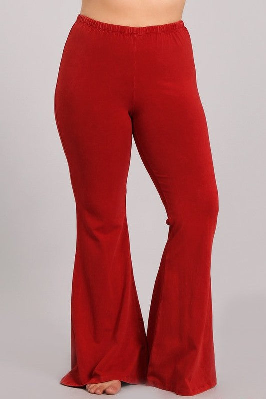 Mineral Washed Bell Bottom Pants with Elastic Waist-Plus Size